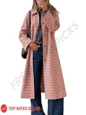 Womens Plaid Trench Coat Lapel Single Breasted Long Fall Jacket